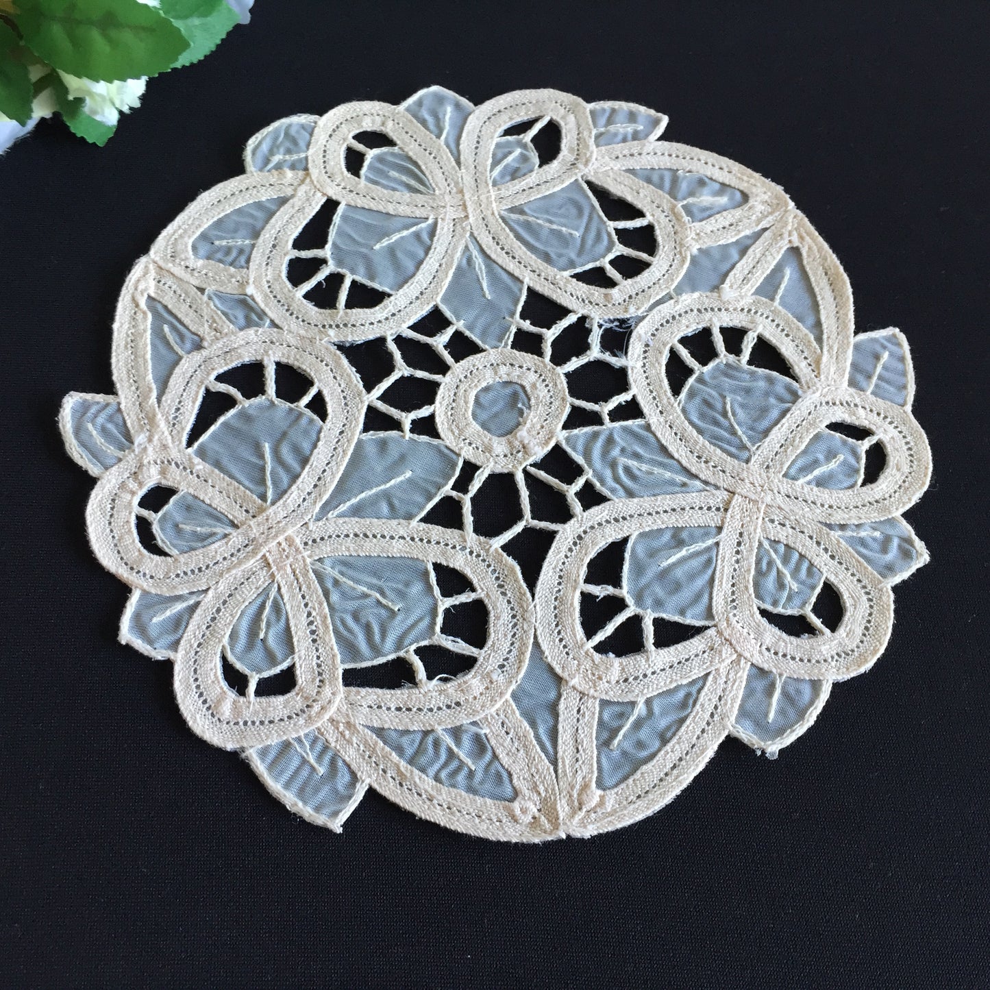 Vintage 7.5" Beige Organdy Cutwork Embroidered Doily with Butterflies Design