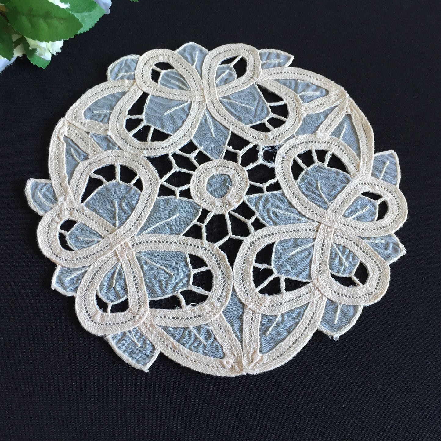 Vintage 7.5" Beige Organdy Cutwork Embroidered Doily with Butterflies Design
