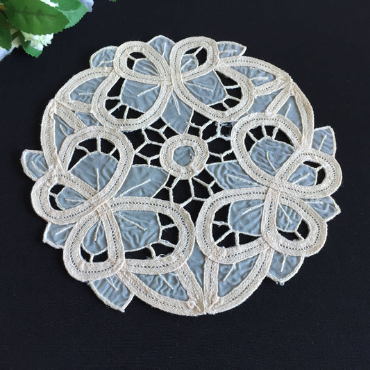 Vintage 7.5" Beige Organdy Cutwork Embroidered Doily with Butterflies Design