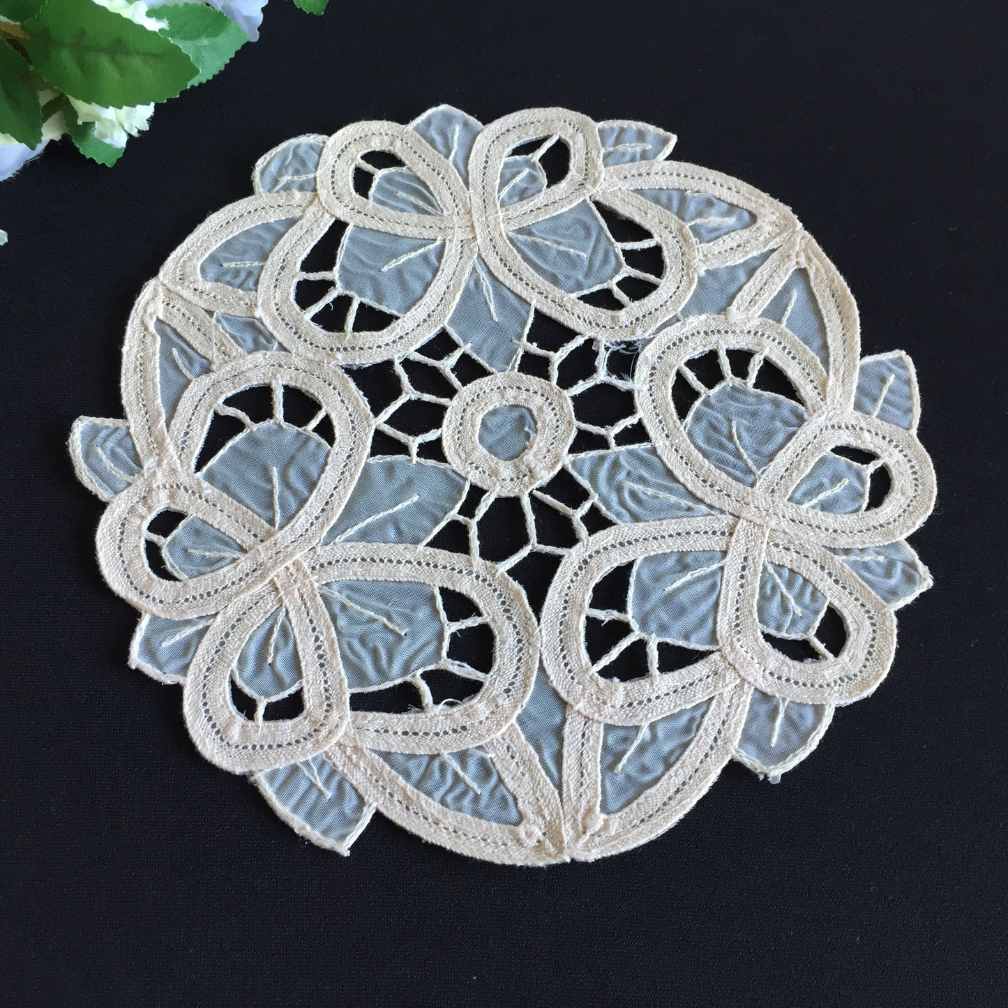 Vintage 7.5" Beige Organdy Cutwork Embroidered Doily with Butterflies Design