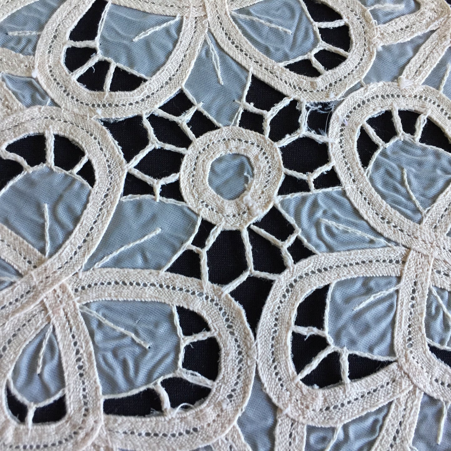 Vintage 7.5" Beige Organdy Cutwork Embroidered Doily with Butterflies Design