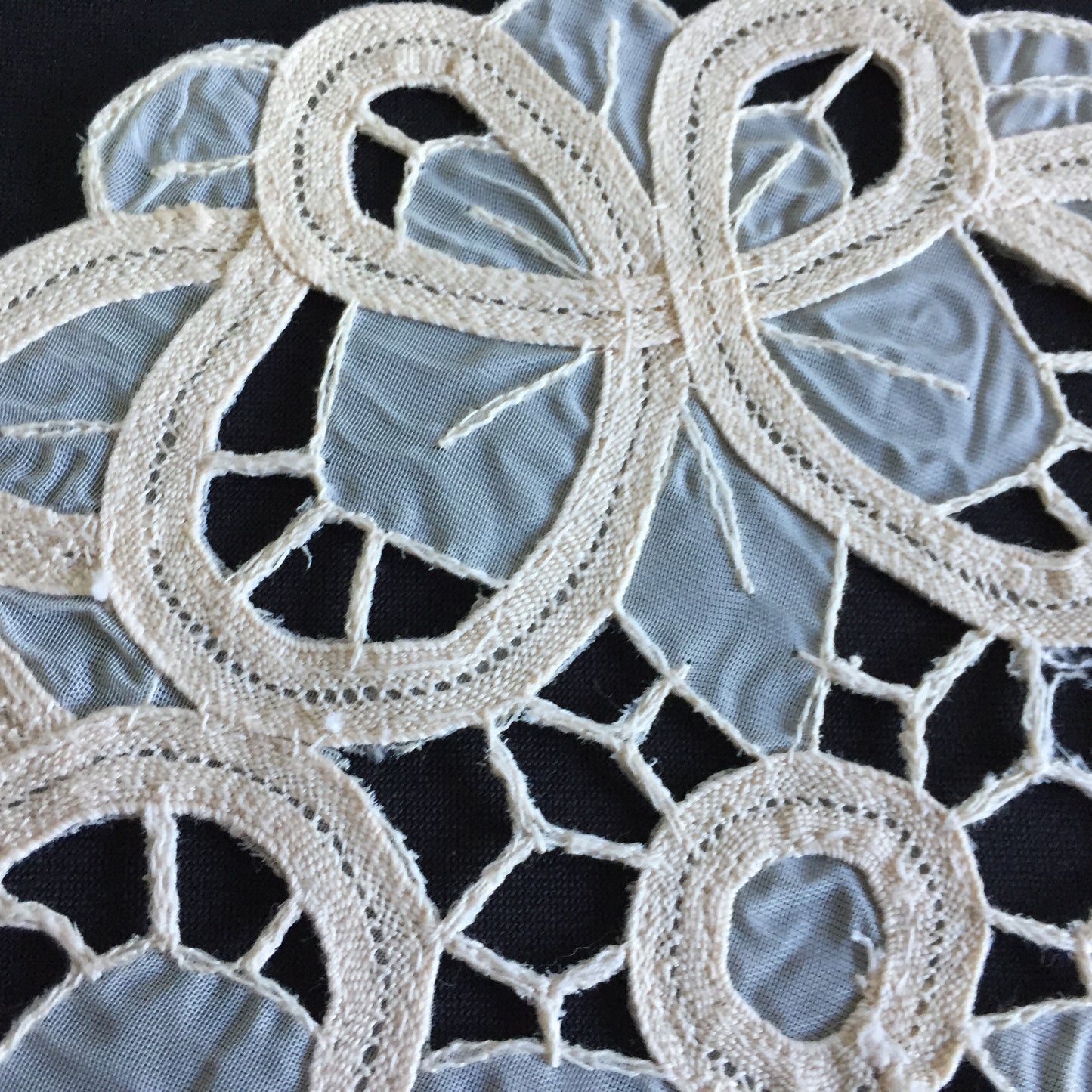 Vintage 7.5" Beige Organdy Cutwork Embroidered Doily with Butterflies Design