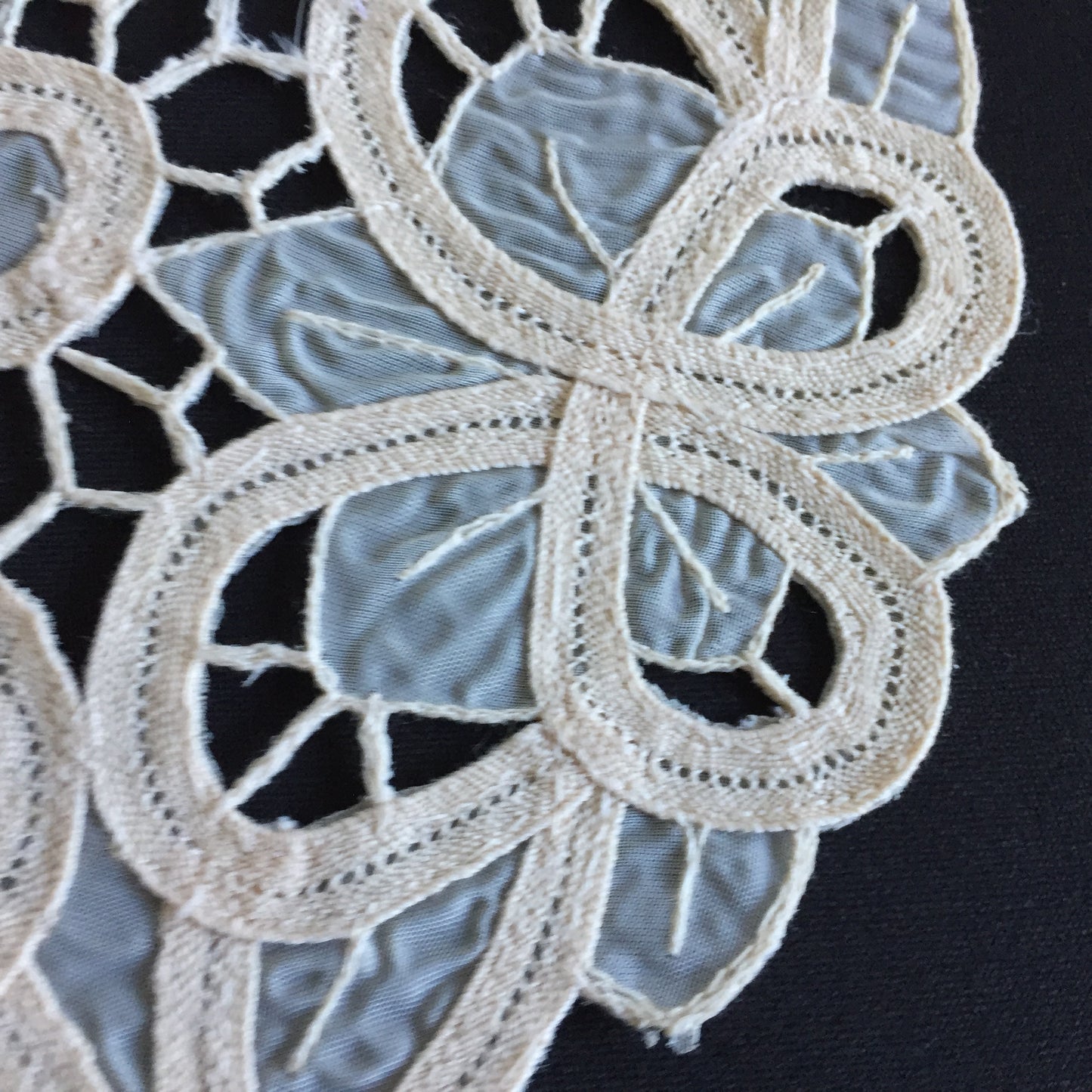 Vintage 7.5" Beige Organdy Cutwork Embroidered Doily with Butterflies Design