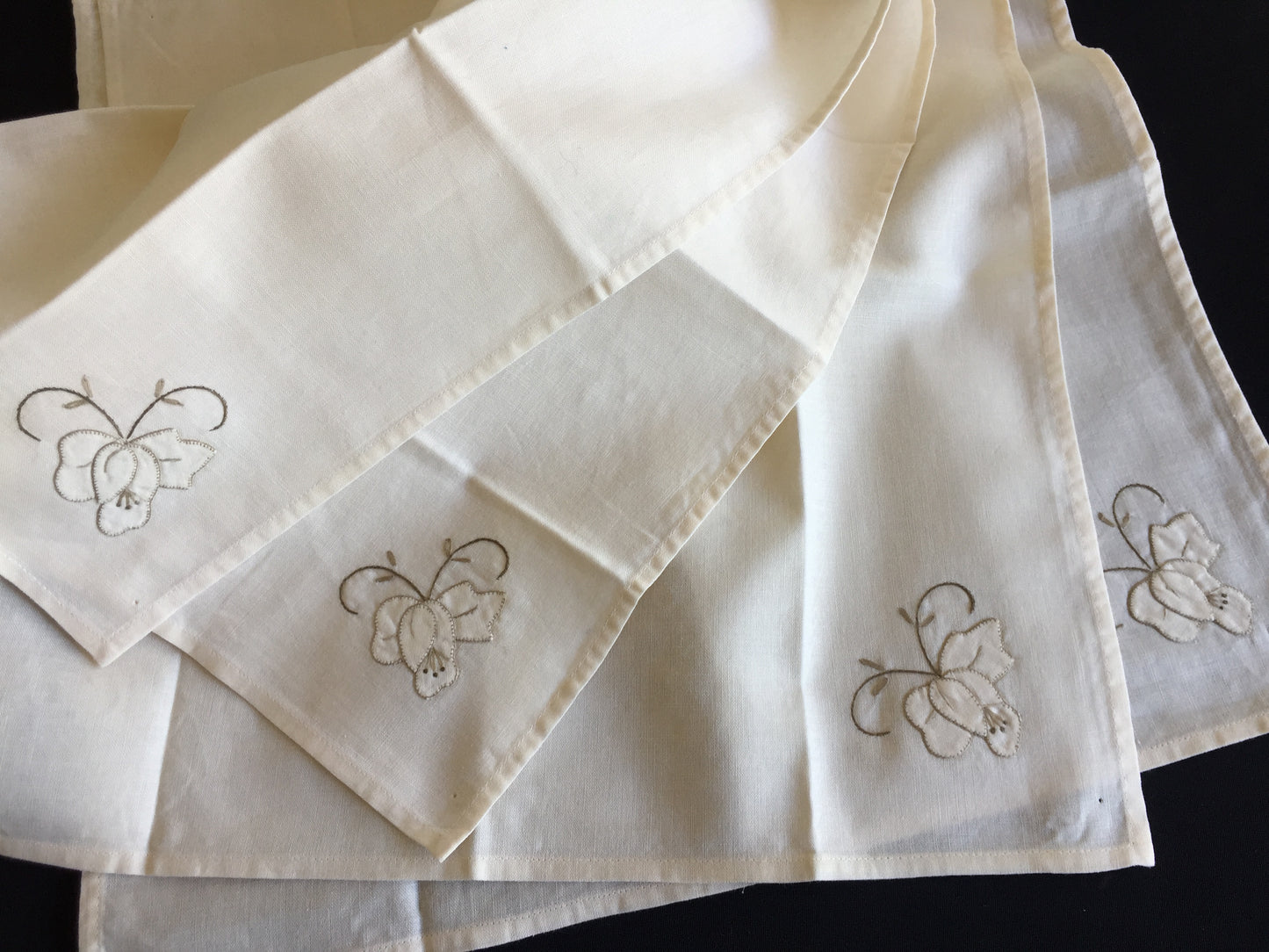 A Vintage Set of 4 Hand Embroidered Floral Beige Reusable Napkins
