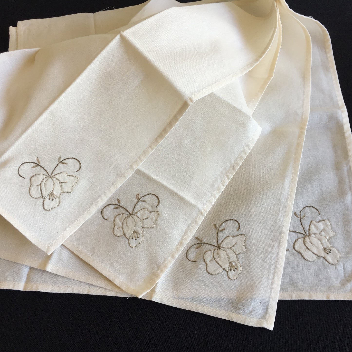 A Vintage Set of 4 Hand Embroidered Floral Beige Reusable Napkins