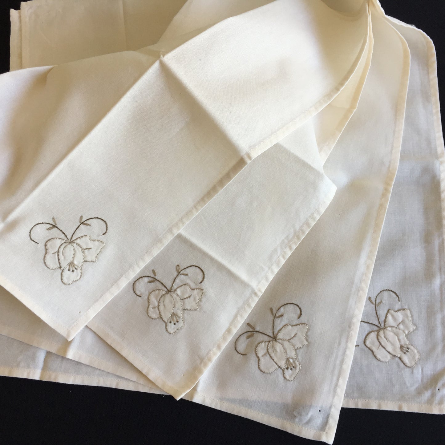 A Vintage Set of 4 Hand Embroidered Floral Beige Reusable Napkins