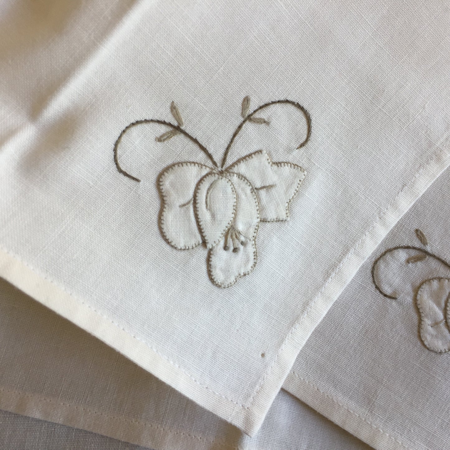 A Vintage Set of 4 Hand Embroidered Floral Beige Reusable Napkins