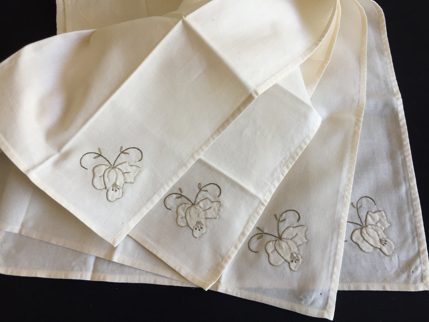 A Vintage Set of 4 Hand Embroidered Floral Beige Reusable Napkins