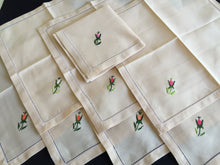 Load image into Gallery viewer, A Vintage Set of 8 Hand Embroidered Floral Beige Linen Reusable Napkins