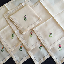 Load image into Gallery viewer, A Vintage Set of 8 Hand Embroidered Floral Beige Linen Reusable Napkins