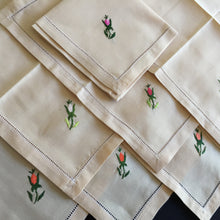 Load image into Gallery viewer, A Vintage Set of 8 Hand Embroidered Floral Beige Linen Reusable Napkins