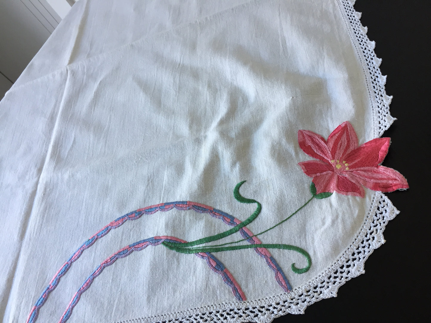 Australian Vintage Art Deco Floral 35" Hand Embroidered Tablecloth