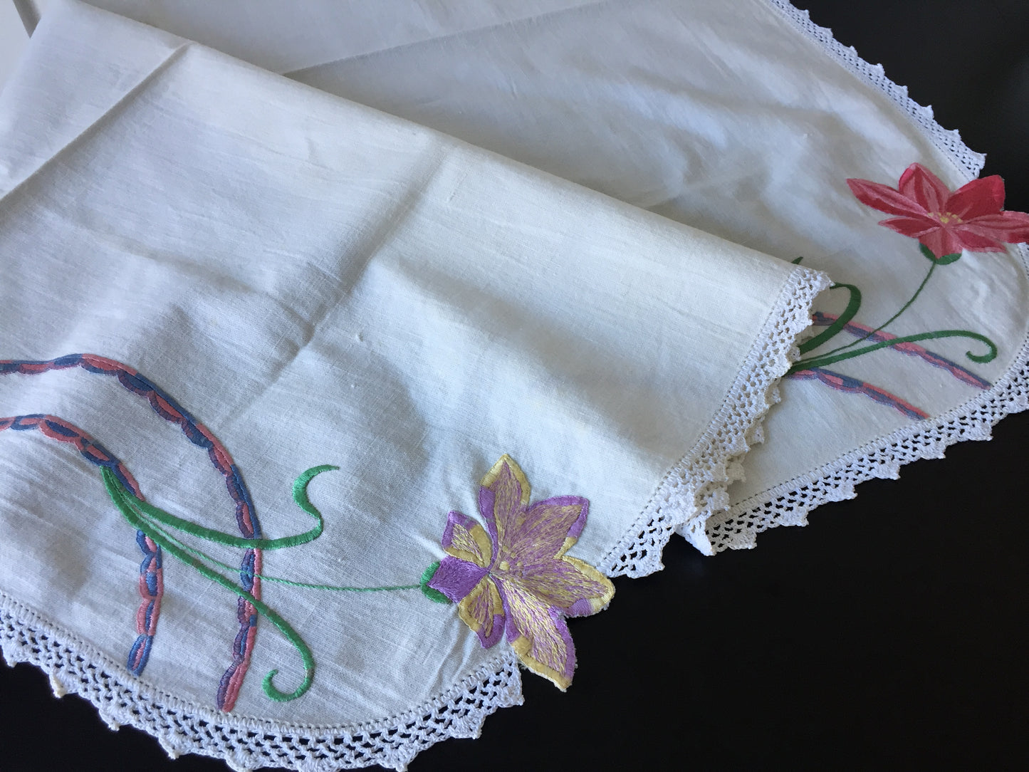 Australian Vintage Art Deco Floral 35" Hand Embroidered Tablecloth