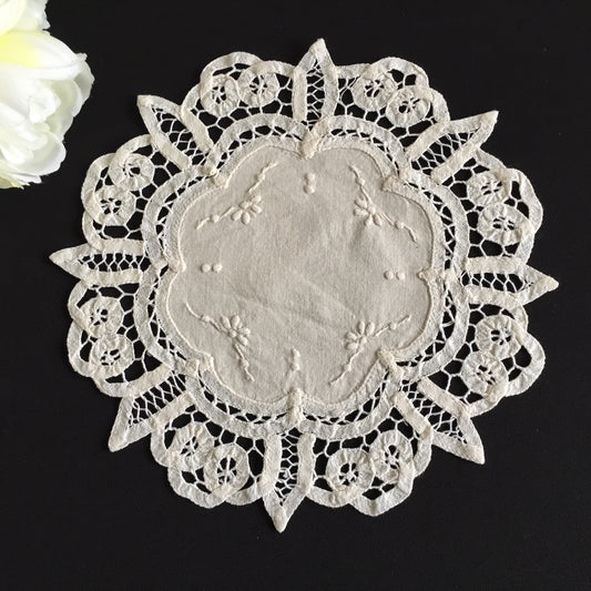 Handmade Embroidered Vintage Beige Cotton 10" Battenburg Lace Doily