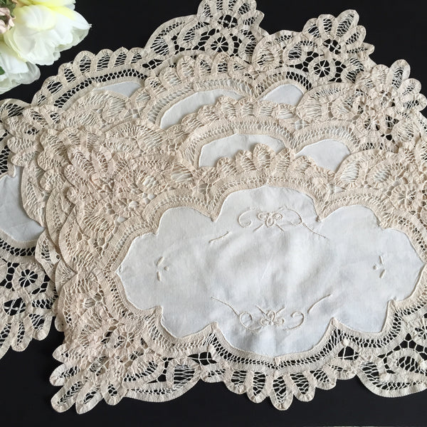 Vintage Battenburg Lace Placemats Set of 4 with Hand Embroidery | Natural Beige Cotton