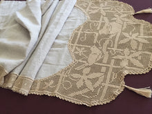 Load image into Gallery viewer, Collectible Vintage Linen Buffet Scarf with Mary Card Designed &quot;BIRD and NEST&quot; Filet Crochet Lace (1925, and Crochet Book No. 7 1928)