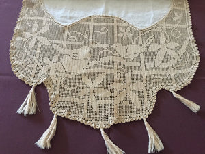 Collectible Vintage Linen Buffet Scarf with Mary Card Designed "BIRD and NEST" Filet Crochet Lace (1925, and Crochet Book No. 7 1928)