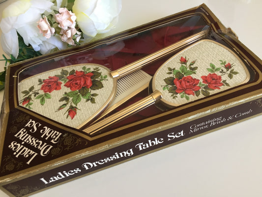 Rondis Red Roses 3 Pce Vanity Set: Mirror, Comb & Brush Unused Vintage