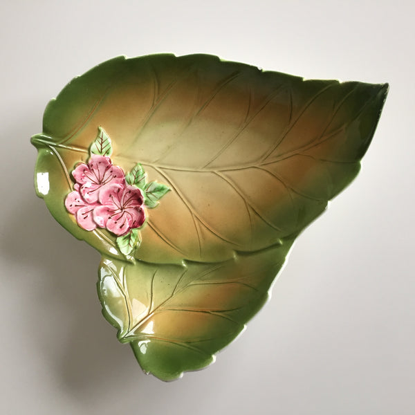 Embossed Ceramic Leaf Shaped Serving Dish Japanese Art Deco Vintage