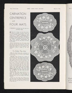 Mary Card Designed "CARNATION & DRAGONFLY" Oval Mat of Luncheon Set (1936) - Collectible Art Deco Vintage Lace