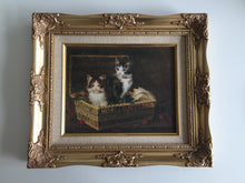 Load image into Gallery viewer, French Vintage Cat Picture in Gold Tone Ornate Frame (Kittens in a Basket of Cherries)