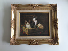 Load image into Gallery viewer, French Vintage Cat Picture in Gold Tone Ornate Frame (Kittens in a Basket of Cherries)