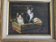 Load image into Gallery viewer, French Vintage Cat Picture in Gold Tone Ornate Frame (Kittens in a Basket of Cherries)