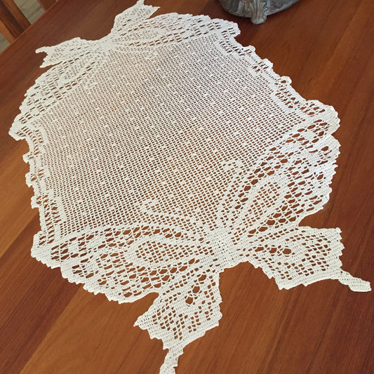 Large Crocheted White Cotton Filet Lace Table Centrepiece Doily | Table Runner