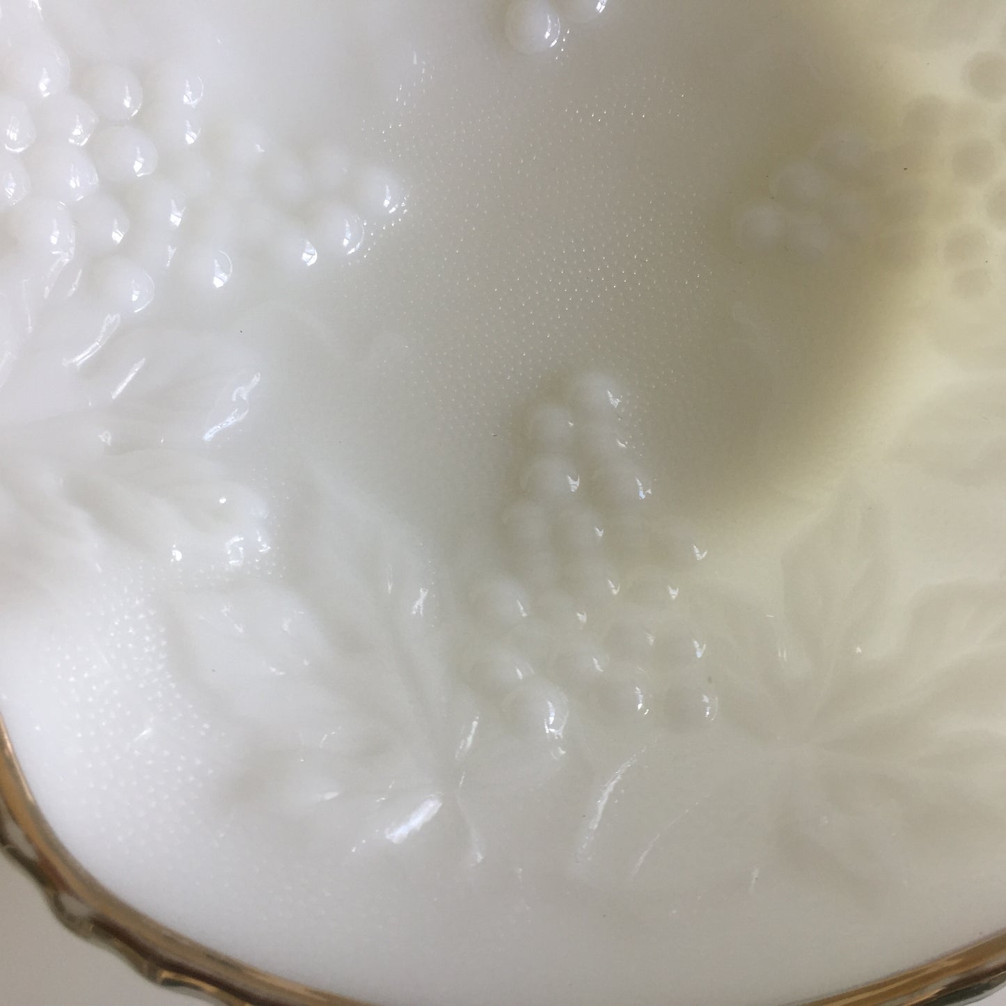 Vintage Anchor Hocking Milk Glass Fruit Bowl, White with 22K Gold Trim, Grape Pattern