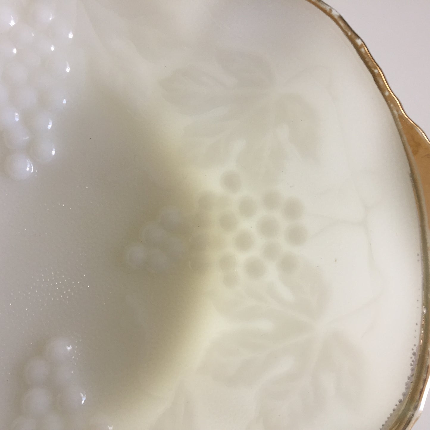 Vintage Anchor Hocking Milk Glass Fruit Bowl, White with 22K Gold Trim, Grape Pattern