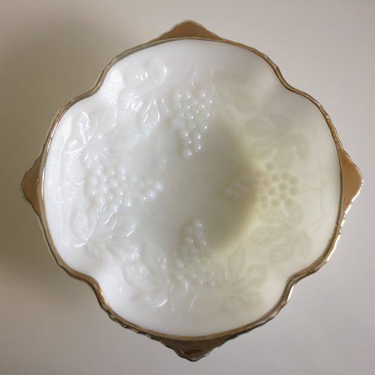 Vintage Anchor Hocking Milk Glass Fruit Bowl, White with 22K Gold Trim, Grape Pattern
