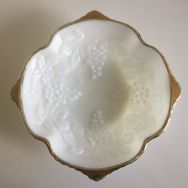 Vintage Anchor Hocking Milk Glass Fruit Bowl, White with 22K Gold Trim, Grape Pattern