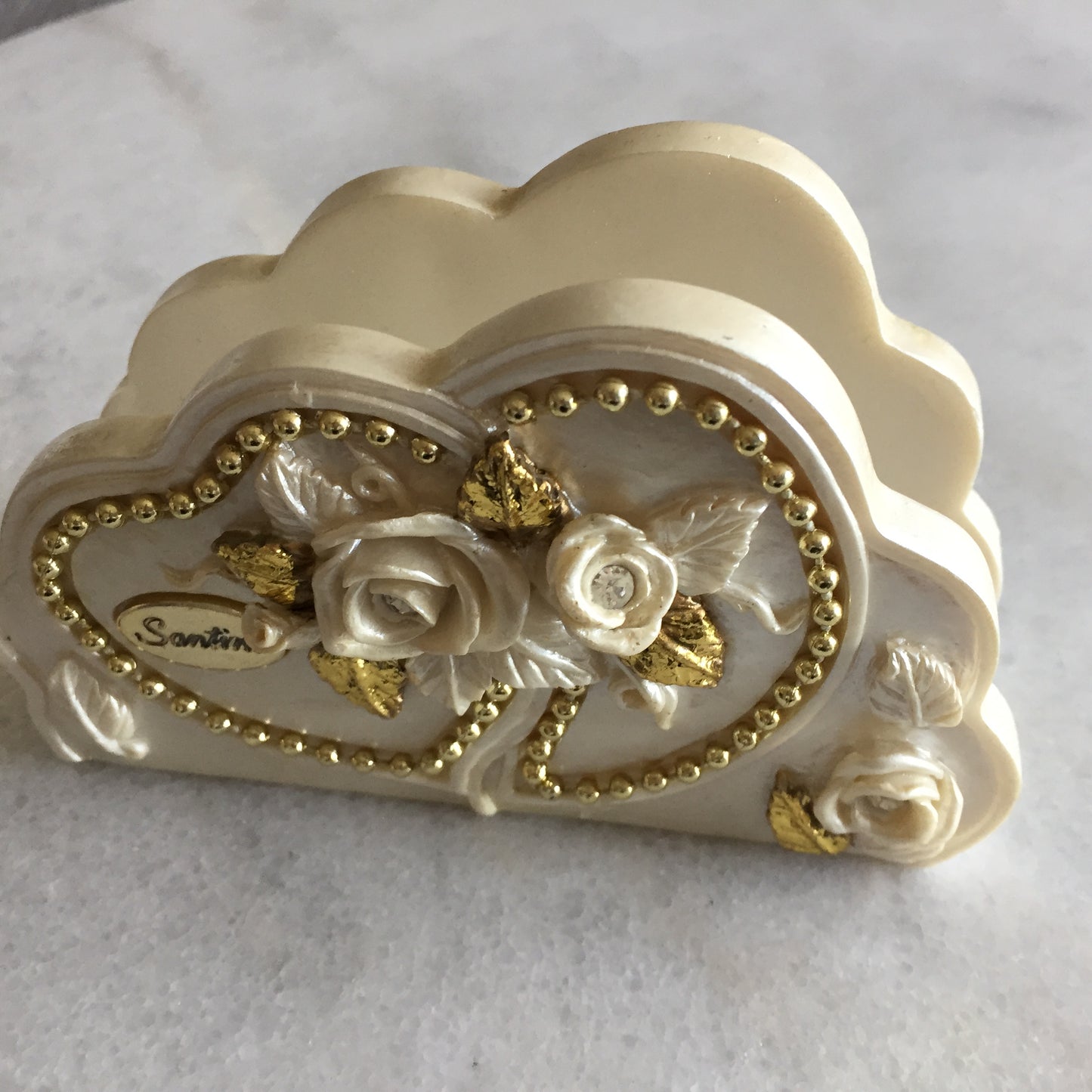 Vintage Ceramic Serviette Holder with Capodimonte Style Roses, Hearts & Beads