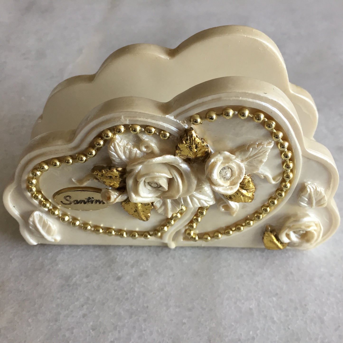 Vintage Ceramic Serviette Holder with Capodimonte Style Roses, Hearts & Beads