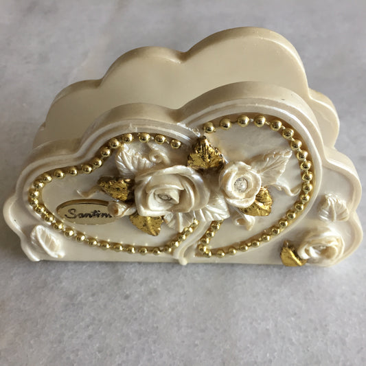 Vintage Ceramic Serviette Holder with Capodimonte Style Roses, Hearts & Beads
