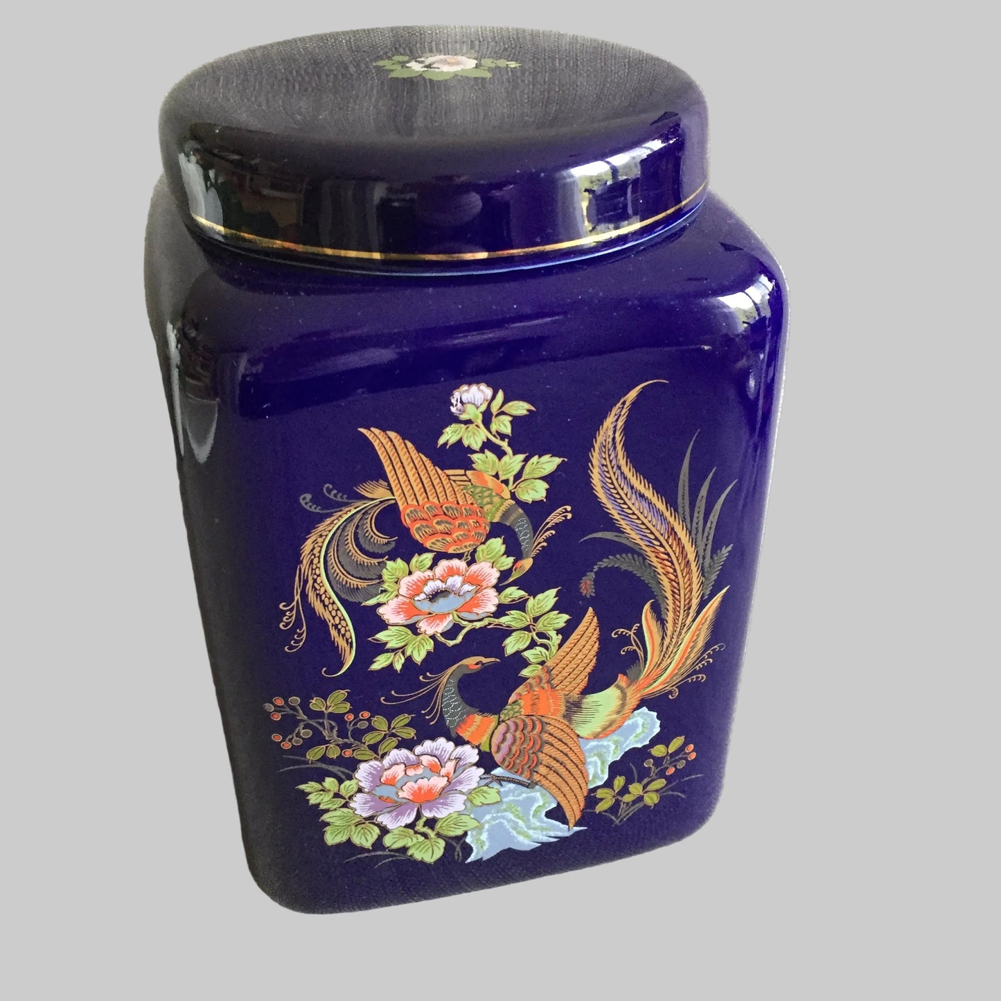 Cobalt Blue Oriental Ginger Jar | Tea Canister With Lid | Gilded Pheasant & Floral Design