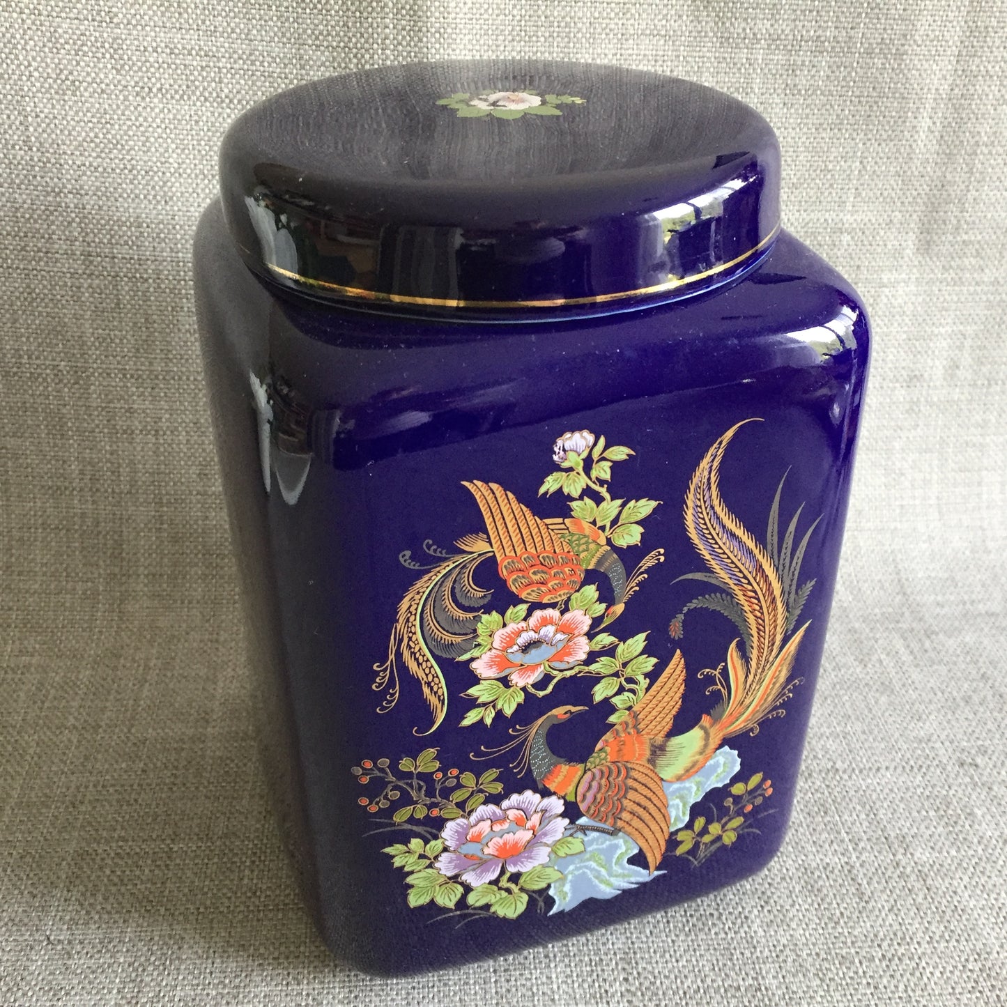 Cobalt Blue Oriental Ginger Jar | Tea Canister With Lid | Gilded Pheasant & Floral Design