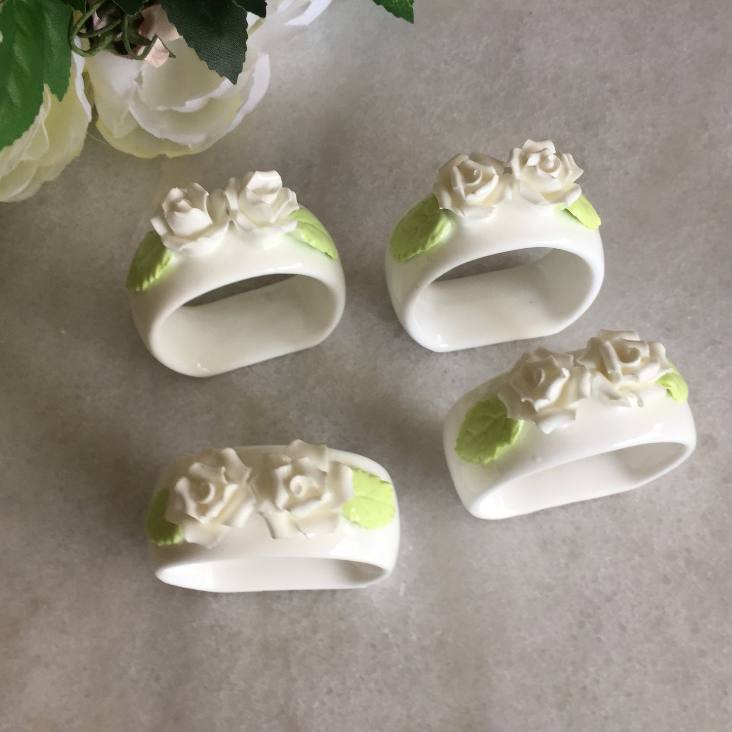 Vintage Porcelain Rose Napkin Rings | Set of 4