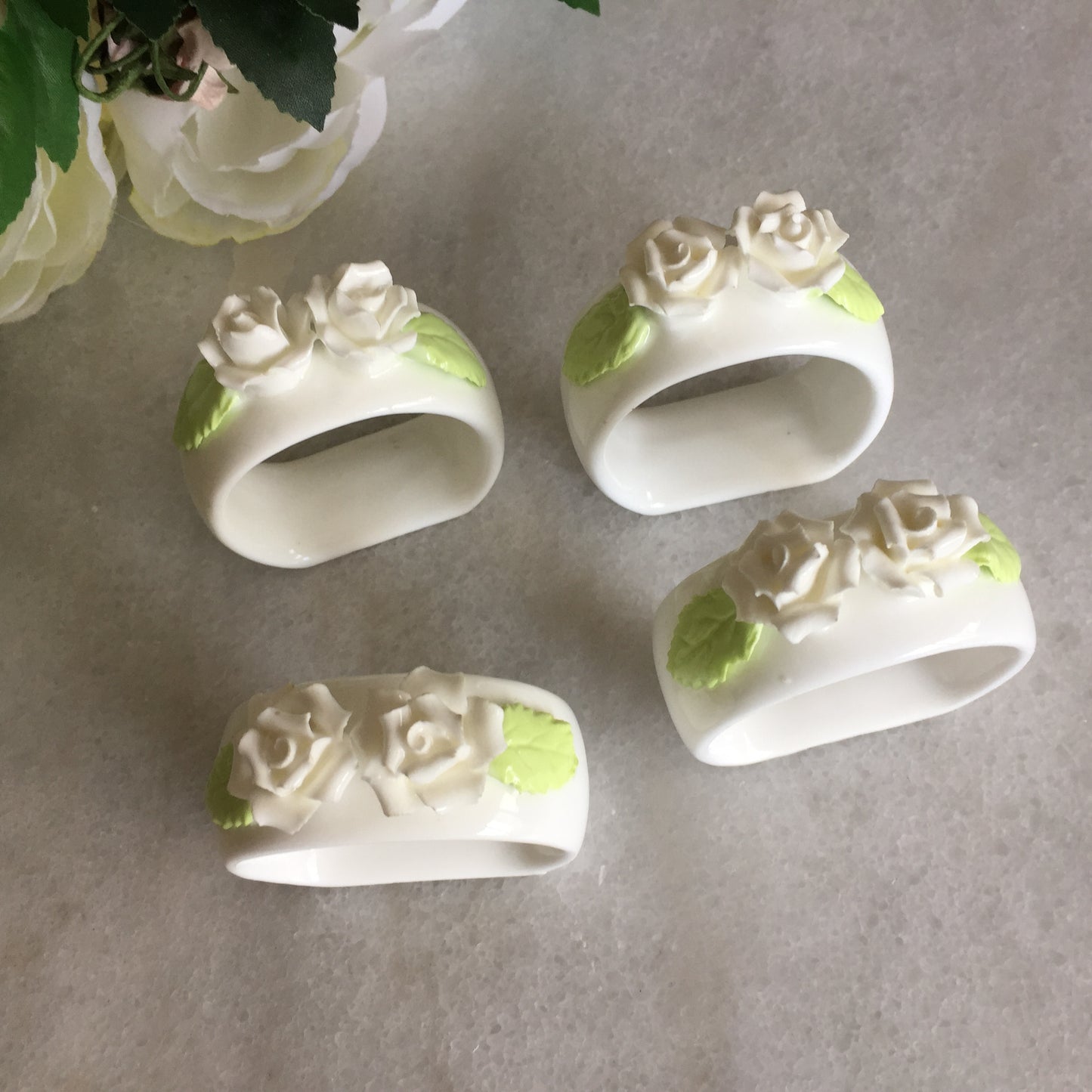 Vintage Porcelain Rose Napkin Rings | Set of 4