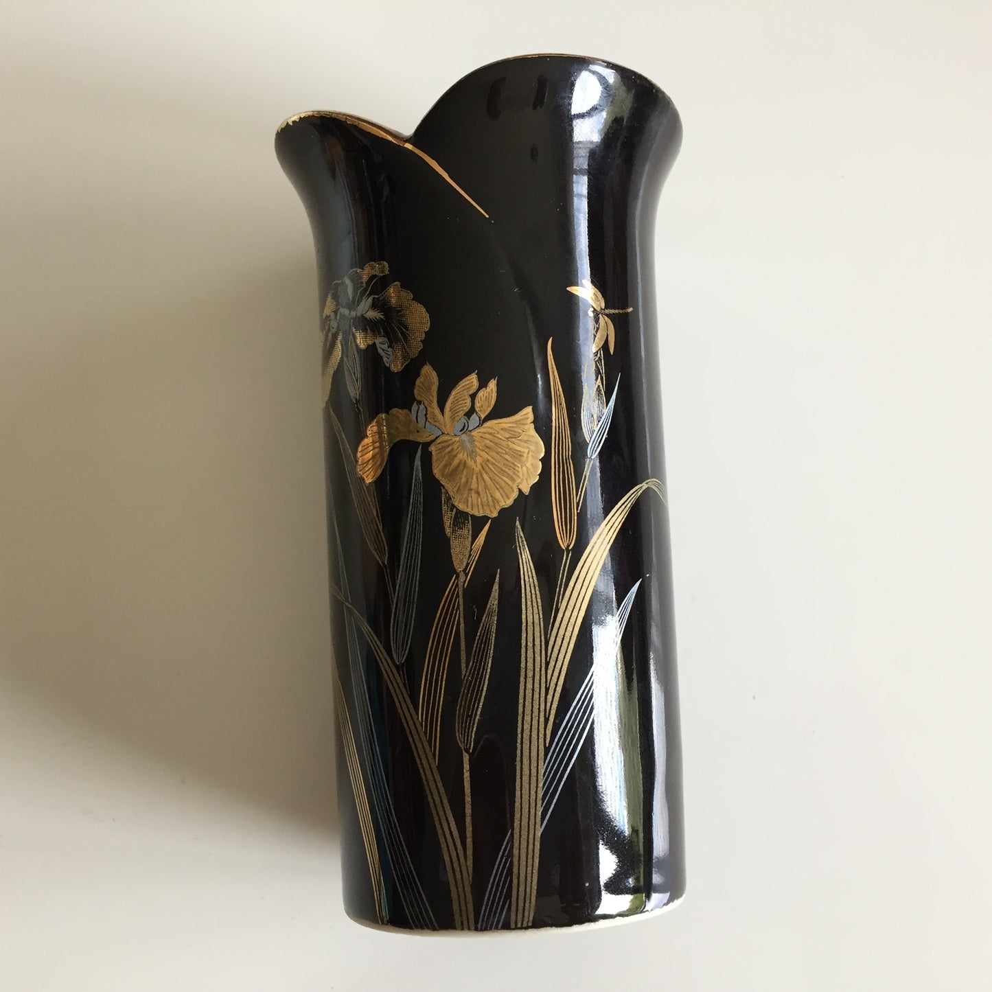 Small Japanese Vintage Yamaji Black  Porcelain Vase: Irises & Dragonfly Motif