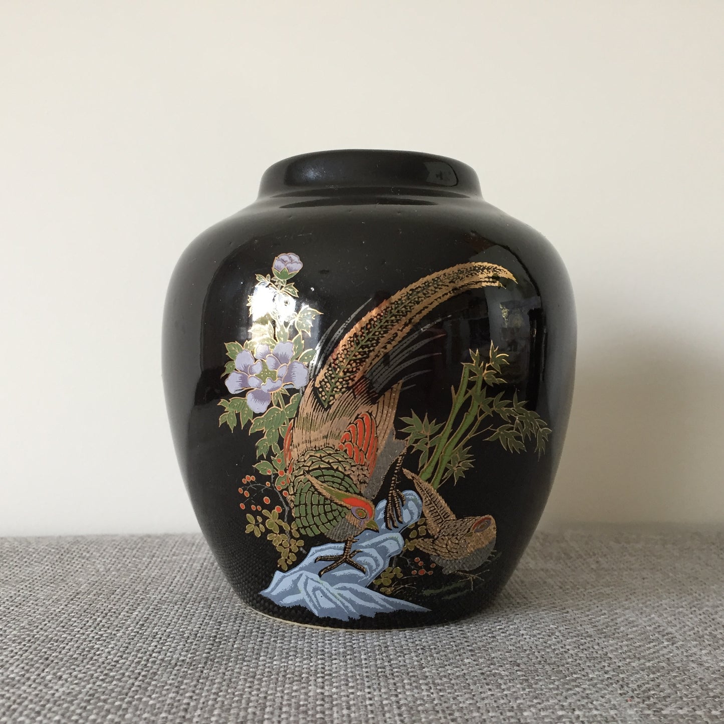 Blue Dragon Ginger Jar | Taiwan Black Vase Pheasant Motif | No Lid