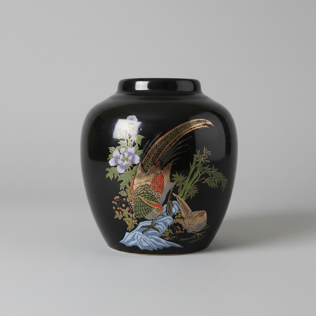 Blue Dragon Ginger Jar | Taiwan Black Vase Pheasant Motif | No Lid