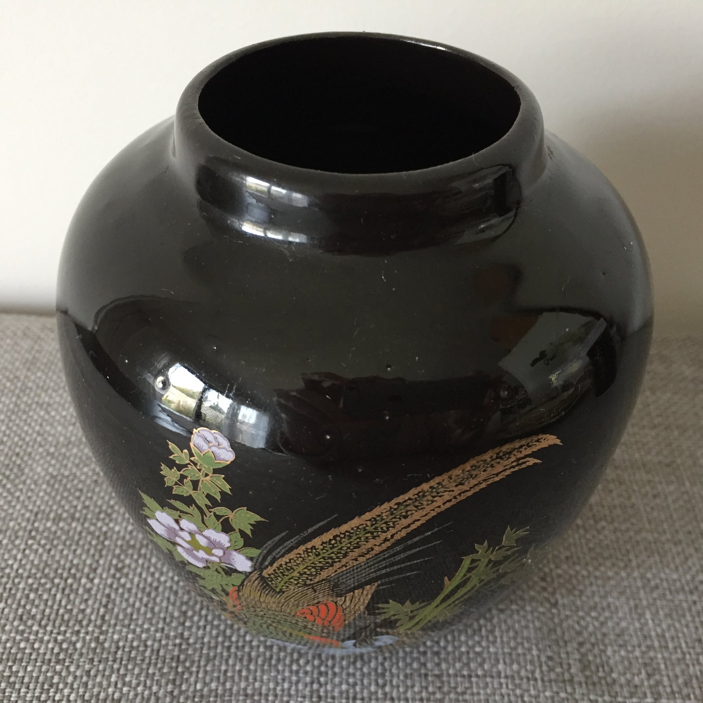 Blue Dragon Ginger Jar | Taiwan Black Vase Pheasant Motif | No Lid
