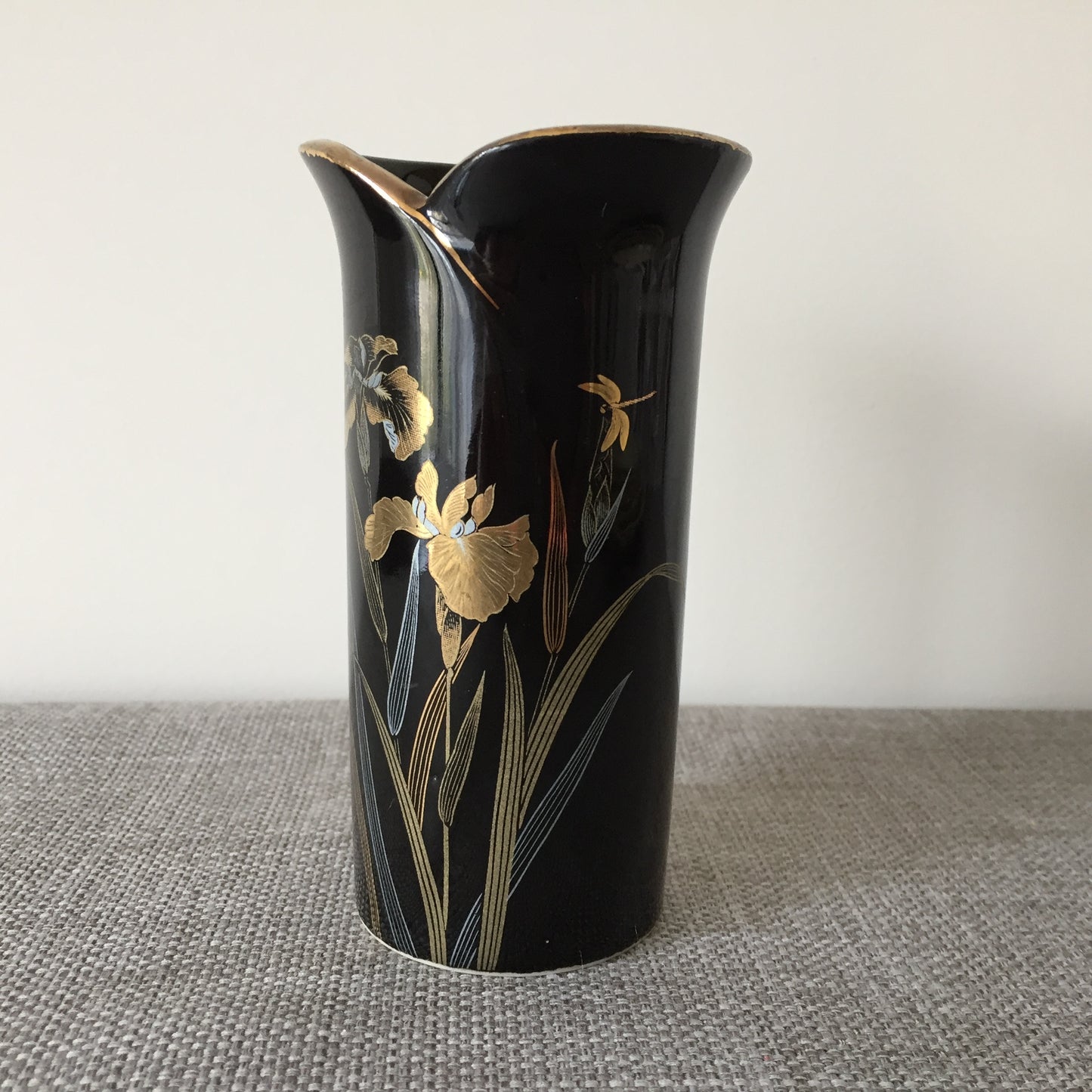 Small Japanese Vintage Yamaji Black  Porcelain Vase: Irises & Dragonfly Motif