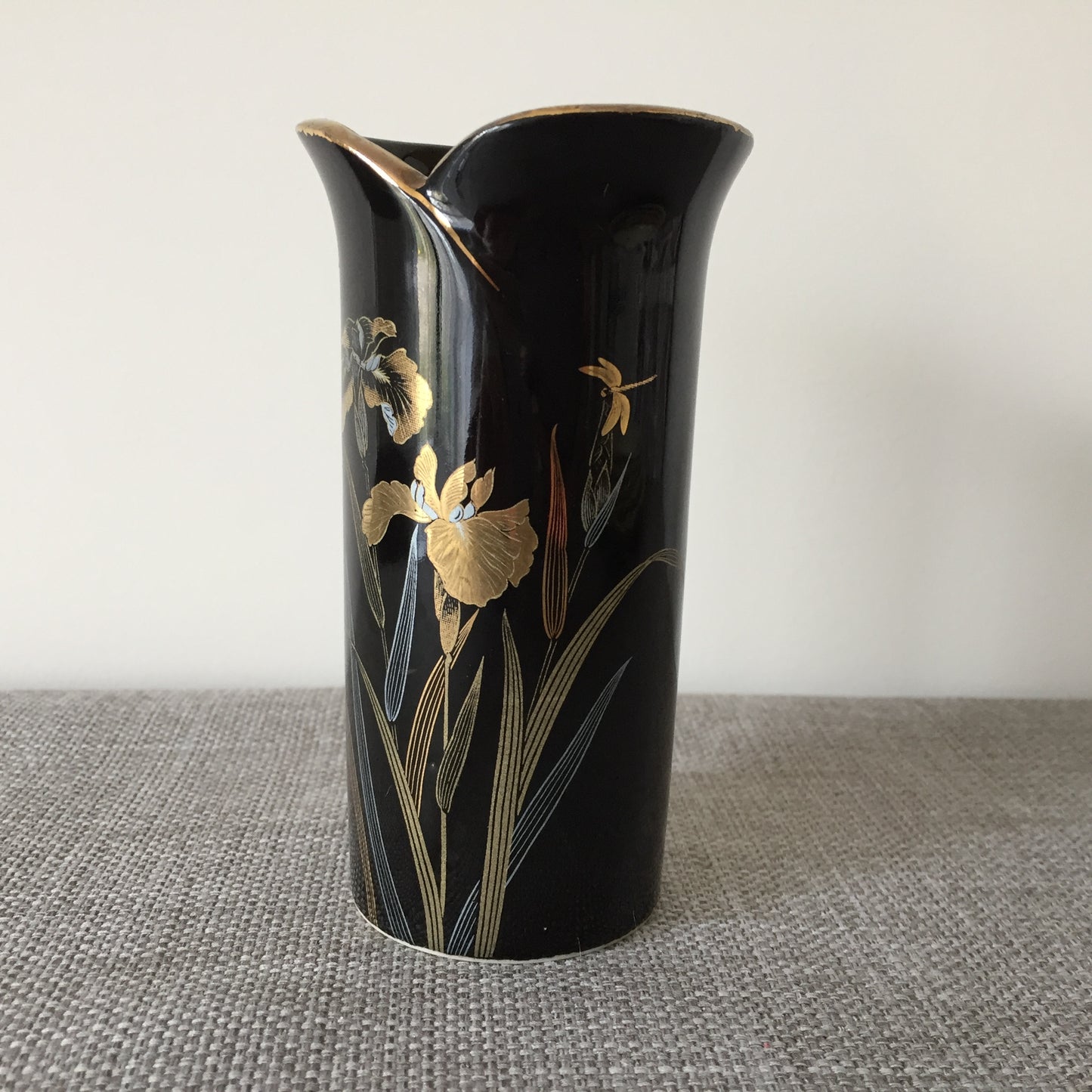 Small Japanese Vintage Yamaji Black  Porcelain Vase: Irises & Dragonfly Motif