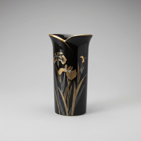 Small Japanese Vintage Yamaji Black  Porcelain Vase: Irises & Dragonfly Motif