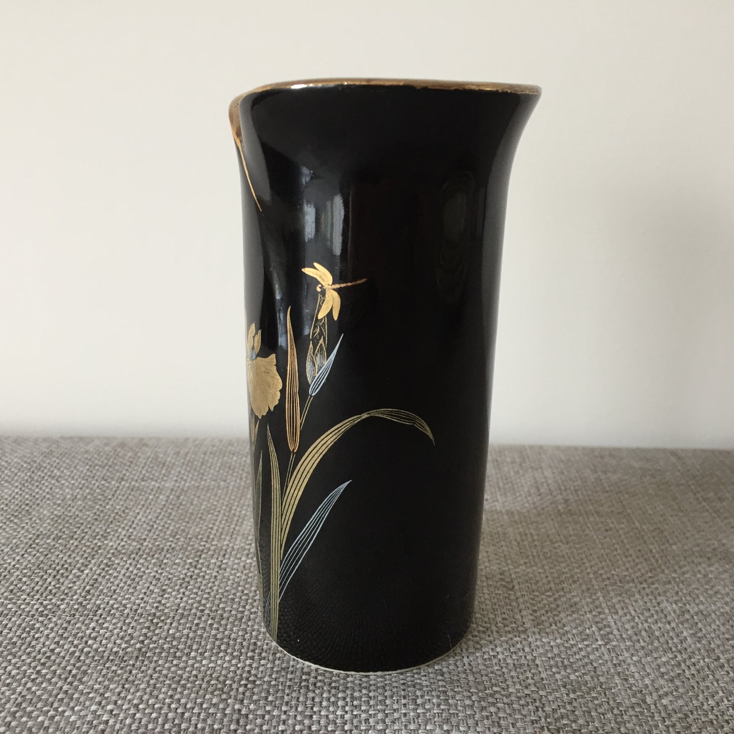 Small Japanese Vintage Yamaji Black  Porcelain Vase: Irises & Dragonfly Motif