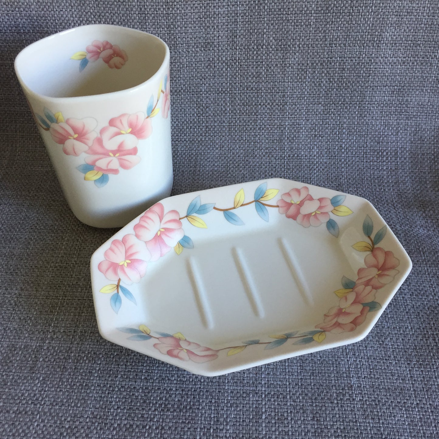 Mid-century Vintage Porcelain Floral Soap Dish & Matching Cup