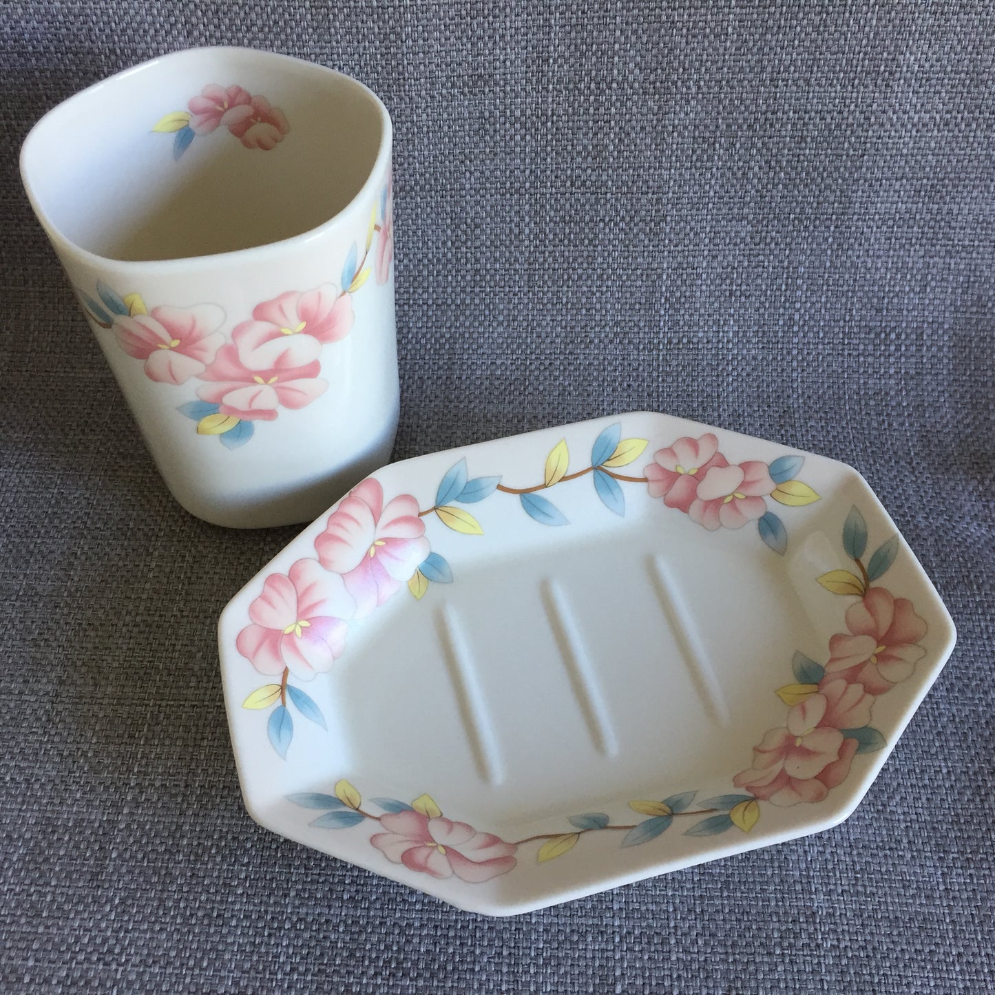 Mid-century Vintage Porcelain Floral Soap Dish & Matching Cup