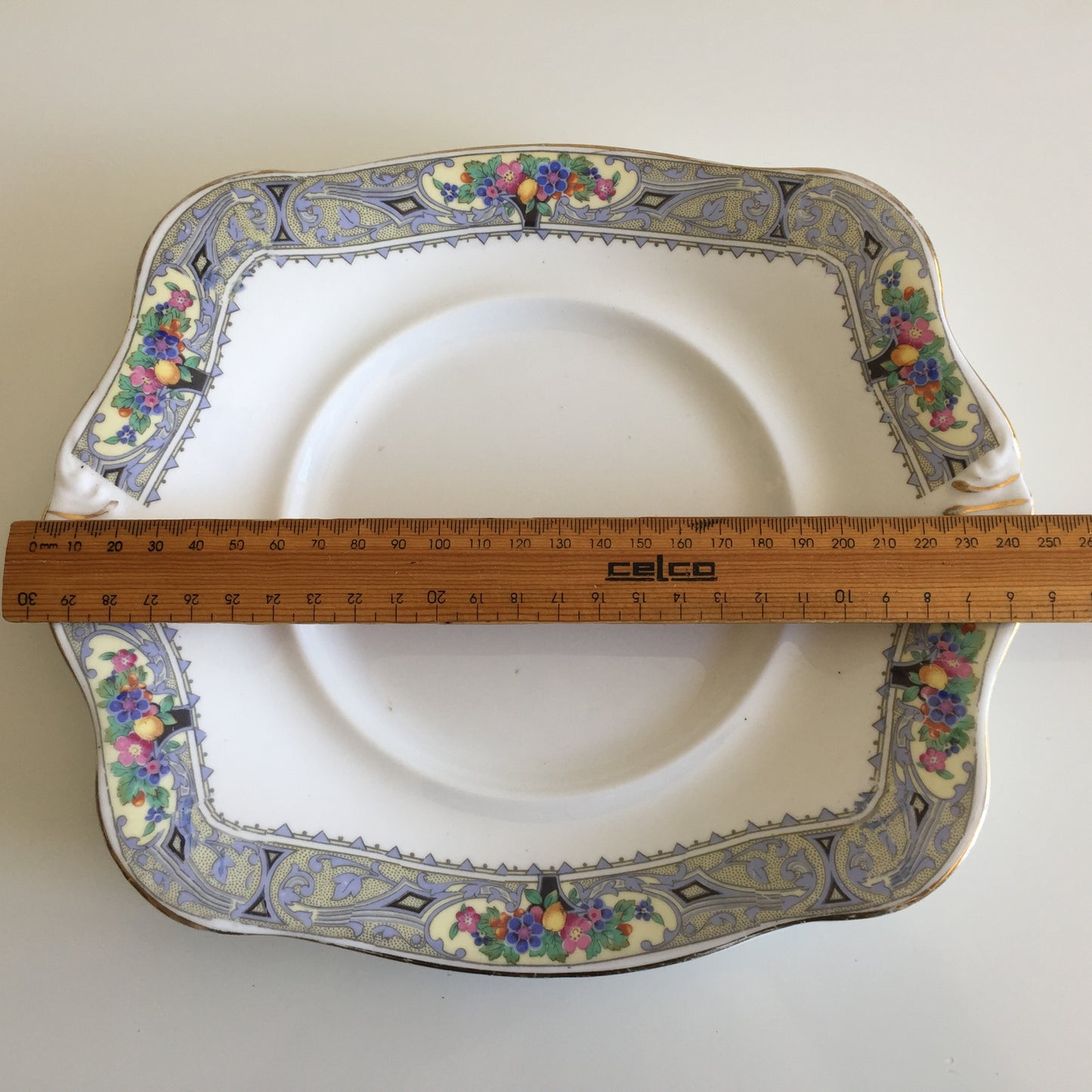 Handled Vintage Tuscan (UK) Cake Plate | Art Deco Urn of Fruit & Flowers